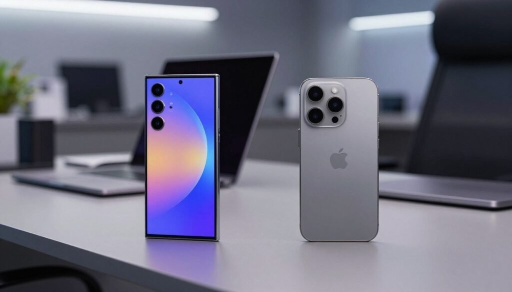 A-dynamic-comparison-scene-featuring-the-Samsung-S26-Ultra-and-iPhone-17-Pro-Max-in-a-tech-1024x585 مقارنة سامسونج اس 26 الترا ايفون 17 برو ماكس: صراع الجبابرة على عرش 2026