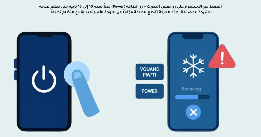 اضغط مع الاستمرار على زر خفض الصوت + زر الطاقة (Power) معاً لمدة 10 إلى 15 ثانية حتى تظهر علامة الشركة المصنعة. هذه الحركة تقطع الطاقة مؤقتاً عن اللوحة الأم وتعيد إقلاع النظام نظيفاً.