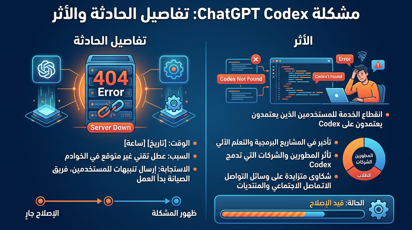 إنفوجرافيك عربي عن خطأ 404 وتعطل ChatGPT Codex وآثاره