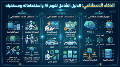 إنفوجرافيك عربي عن الذكاء الاصطناعي وفهمه واستخداماته ومستقبله