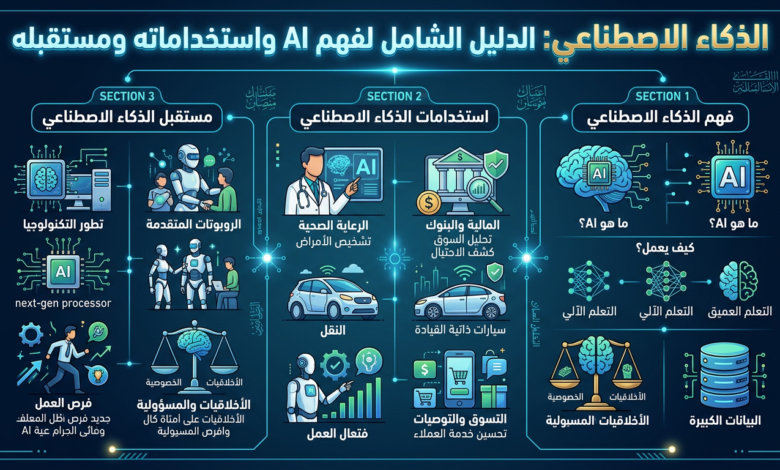 إنفوجرافيك عربي عن الذكاء الاصطناعي وفهمه واستخداماته ومستقبله